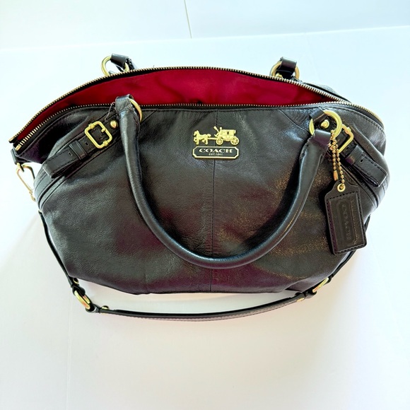 COACH | Coach Madison Sophia Black Leather Satchel Shoulder Bag w/ Red Lining - Picture 8 of 16